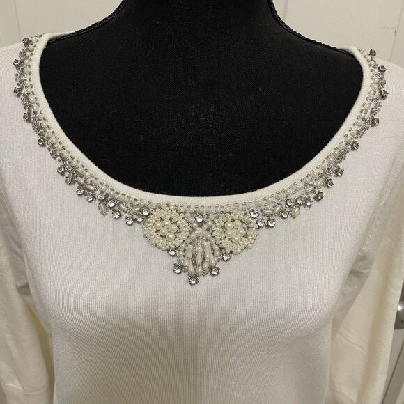 NEW Apostrophe Petite Knit Sweater White Beads Pearls Rhinestone Womens Sz 18 XL - Picture 2 of 9